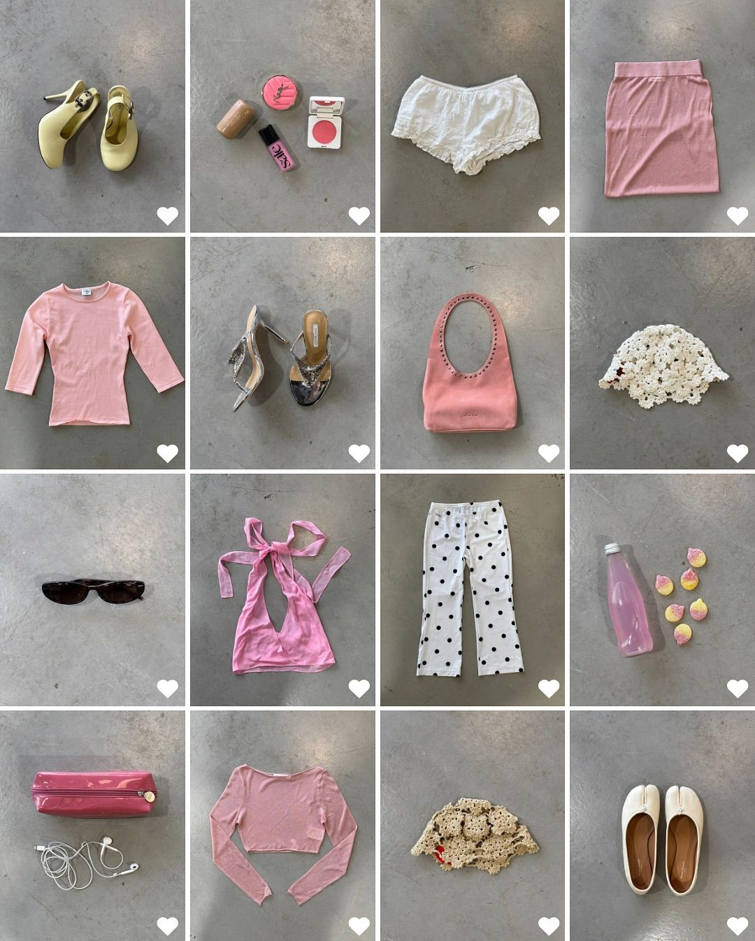 A curated grid of pink, cream, and silver fashion pieces
